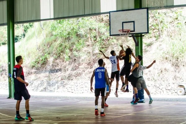 basketball players rebounding